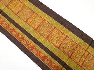 手織り紬　縞に抽象模様織り出し　袋帯